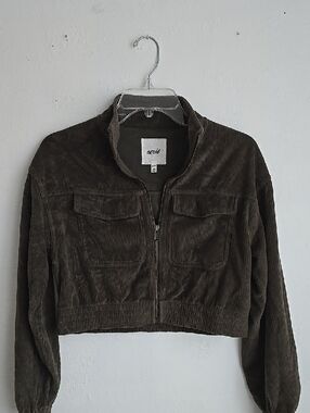 aerie Cropped Corduroy Zip Jacket in Dark Olive